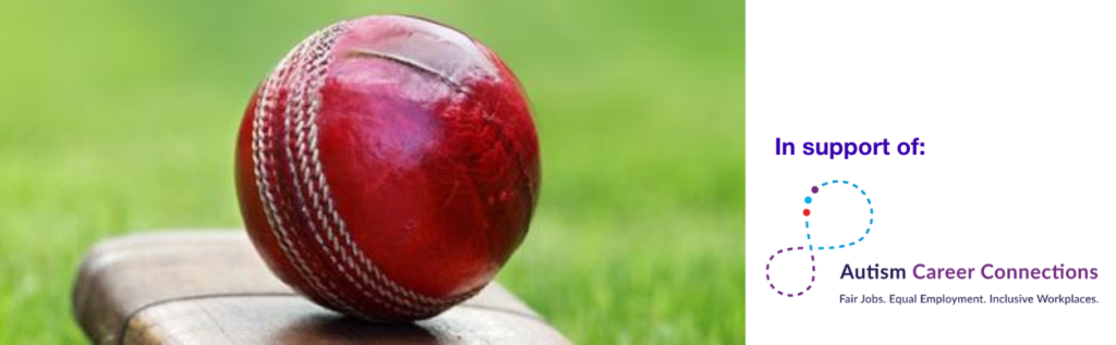 Image of a cricket ball and a bat, the event is presented by Autism Career Connections